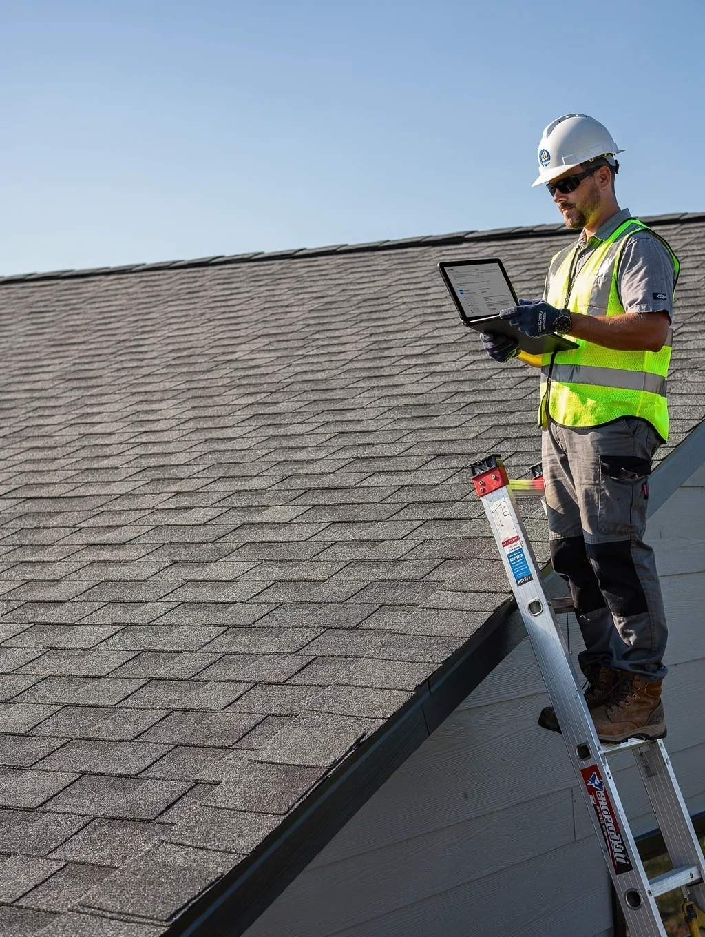 Professional roofing contractor performing a detailed inspection on a residential property